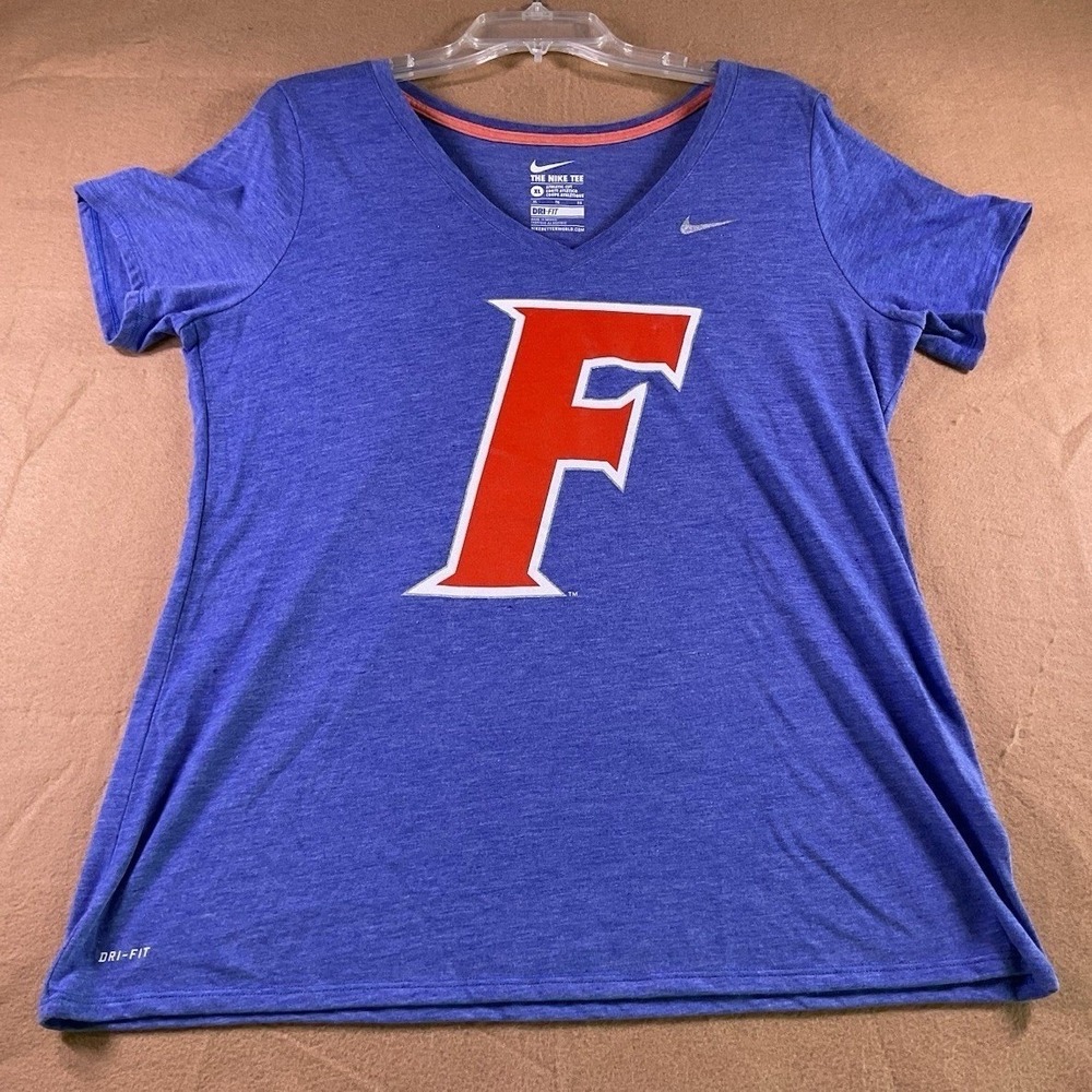 Nike Florida Gators Womens XL Blue Dri-FIT V-Neck Athletic T-Shirt NCAA Logo